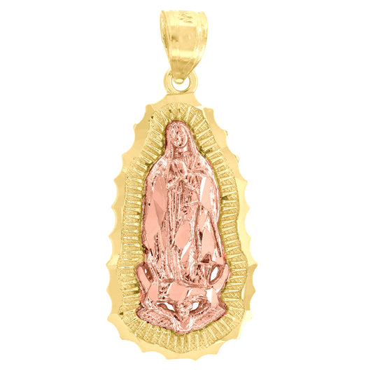 14K Gold Unisex Two-Tone Diamond-Cut Guadalupe Mary Religious Pendant Charm