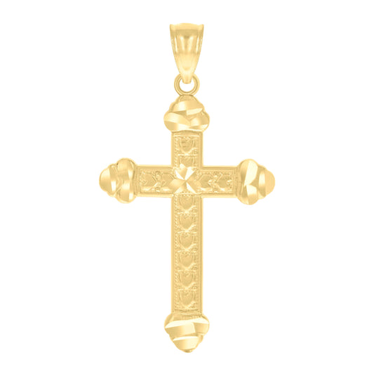 14K Yellow Gold Unisex Diamond-Cut Cross Hearts Religious Pendant Charm