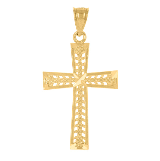 14K Yellow Gold Unisex Diamond-Cut Cross Ht:34.3Mm Religious Pendant Charm
