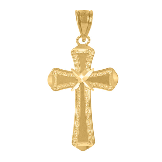 14K Yellow Gold Unisex Diamond-Cut Religious Cross Pendant Charm