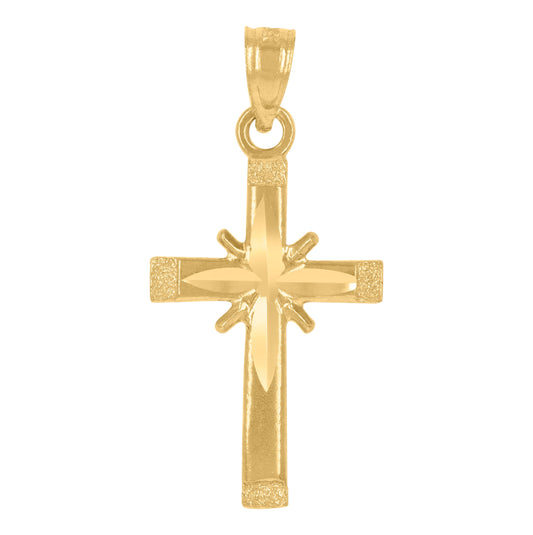 14K Yellow Gold Unisex Diamond-Cut Cross Ht:25.5Mm Religious Pendant Charm