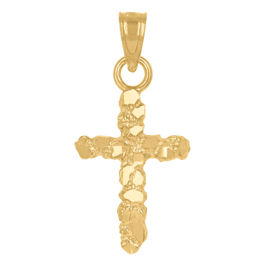 14K Yellow Gold Unisex Diamond-Cut Nugget Cross Ht:17.1Mm Religious Pendant Charm