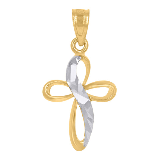 14K Gold Unisex Two-Tone Diamond-Cut Cross Ht:22.2Mm Religious Pendant Charm