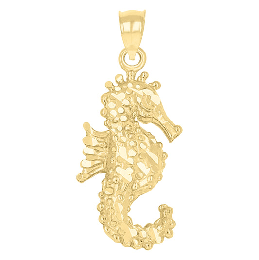14K Yellow Gold Unisex Diamond-Cut Sea Horse Animal Ht:27Mm Pendant Charm