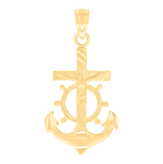 14K Yellow Gold Unisex Diamond-Cut Anchor Cross Crucifix Ht:26.8Mm Religious Pendant Charm