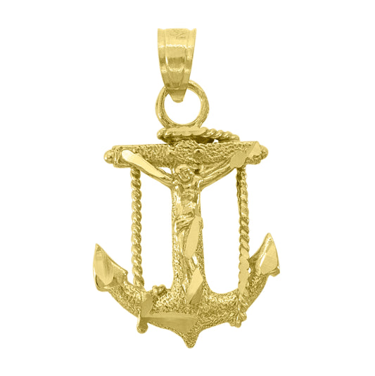 14K Yellow Gold Unisex Diamond-Cut Anchor Crucifix Ht:22.9Mm Religious Pendant Charm