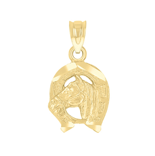 14K Yellow Gold Unisex Diamond-Cut Horse Shoe Animal Ht:18.7Mm Good Luck Pendant Charm