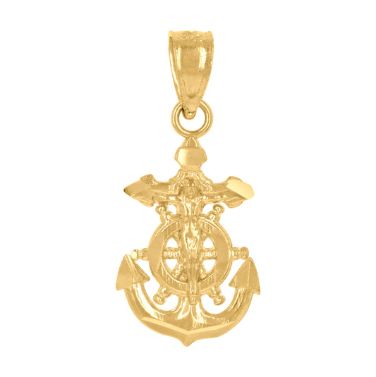 14K Yellow Gold Unisex Diamond-Cut Anchor Crucifix Cross Religious Pendant Charm