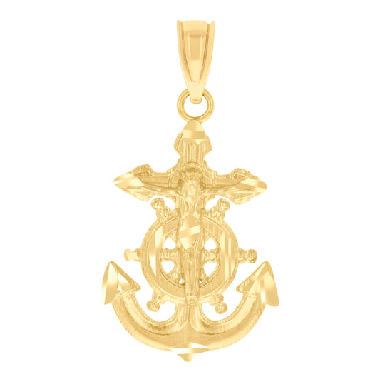 14K Yellow Gold Unisex Diamond-Cut Anchor Cross Crucifix Religious Ht:25.2Mm Pendant Charm