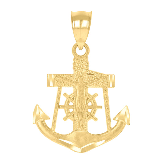 14K Yellow Gold Unisex Diamond-Cut Anchor Cross Crucifix Religious Pendant Charm