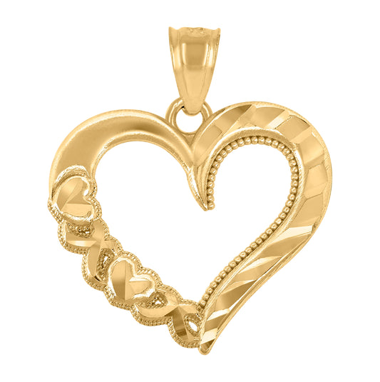 14K Yellow Gold Diamond-Cut Womens Heart Pendant Charm