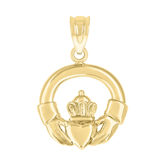 14K Yellow Gold Unisex Diamond-Cut Circle Heart Crown Hands Claddagh Ht:19.4Mm Good Luck Pendant Charm