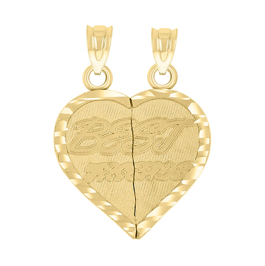 14K Yellow Gold Unisex Diamond-Cut Best Friends Broken Heart Pendant Charm