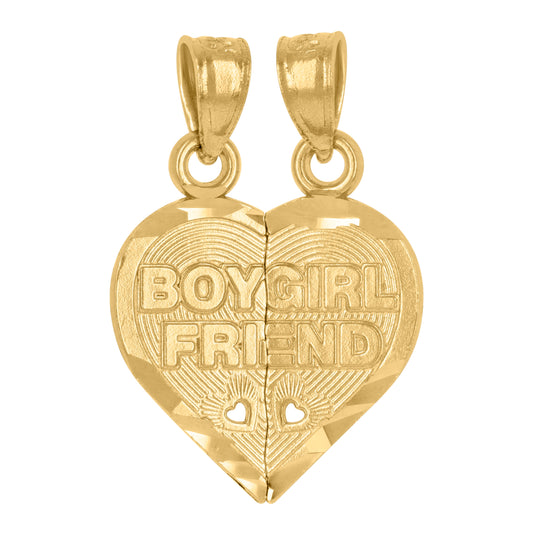 14K Yellow Gold Unisex Diamond-Cut Boy Girl Friend Broken Heart Pendant Charm