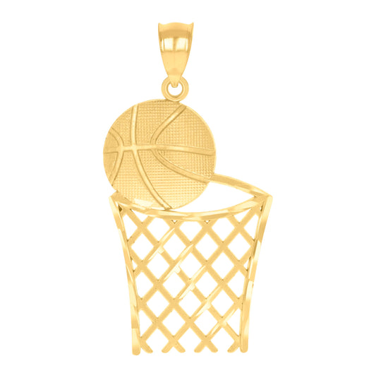 14K Yellow Gold Unisex Diamond-Cut Basket Ball Sports Pendant Charm