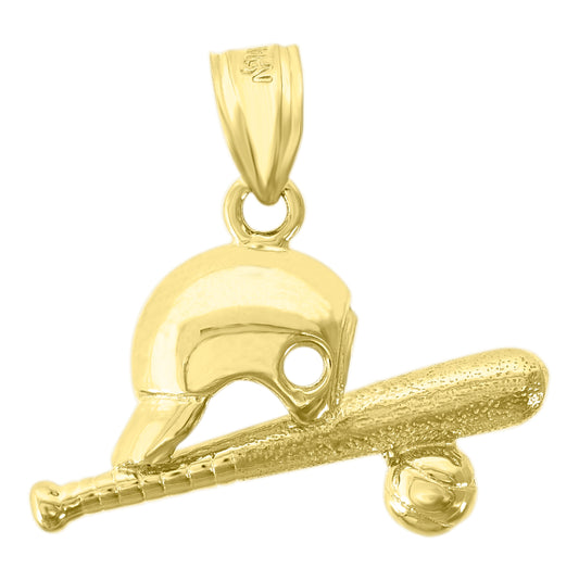 14K Yellow Gold Mens Baseball Helmet Bat Ball Sports Pendant Charm