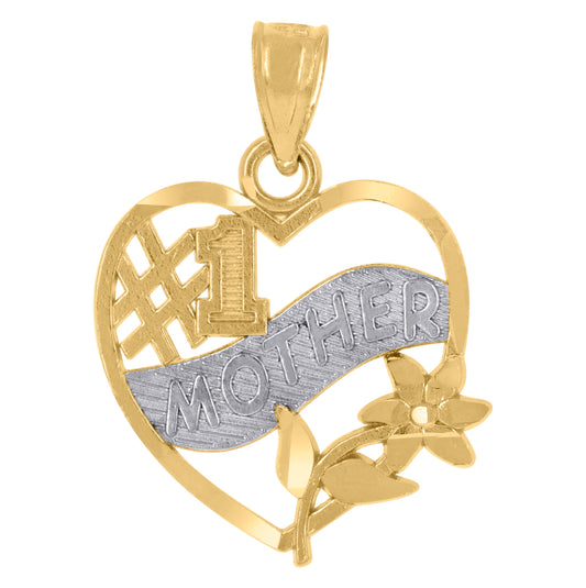 14K Gold Womens Two-Tone Diamond-Cut No.1 Mother Heart Flower Pendant Charm