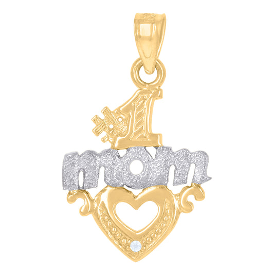 14K Gold Womens Two-Tone Cubic-Zirconia No.1 Mom Heart Ht:23.9Mm Pendant Charm
