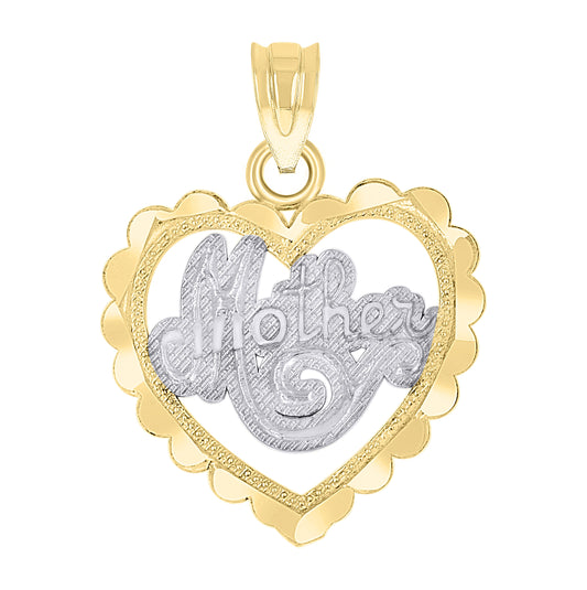 14K Gold Womens Two-Tone Diamond-Cut Mom Heart Pendant Charm