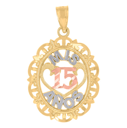 14K Gold Womens Tri-Color 15 Anos Heart Oval Quinceanera Ht:26.8Mm Pendant Charm