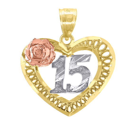 14K Gold Womens Tri-Color Diamond-Cut 15 Anos Rose Heart Quinceanera Pendant Charm