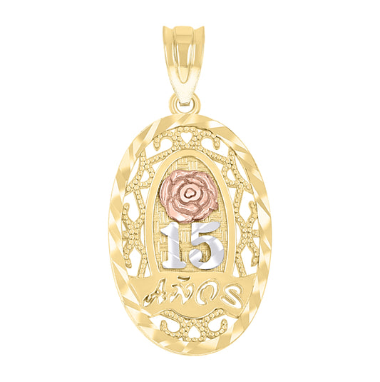 14K Gold Womens Tri-Color Diamond-Cut 15 Anos Oval Rose Quinceanera Pendant Charm