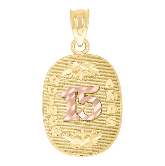 14K Gold Womens Two-Tone 15 Anos Oval Quinceanera Ht:24Mm Pendant Charm