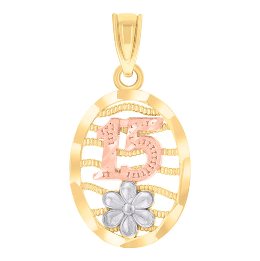 14K Tri-Color Gold Womens Diamond-Cut Textured 15 Anos Charm Pendant