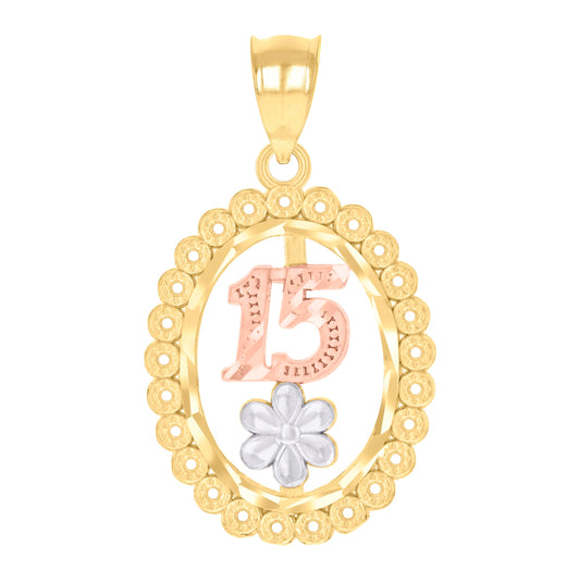 14K Gold Womens Tri-Color 15 Anos Quinceanera Pendant Charm