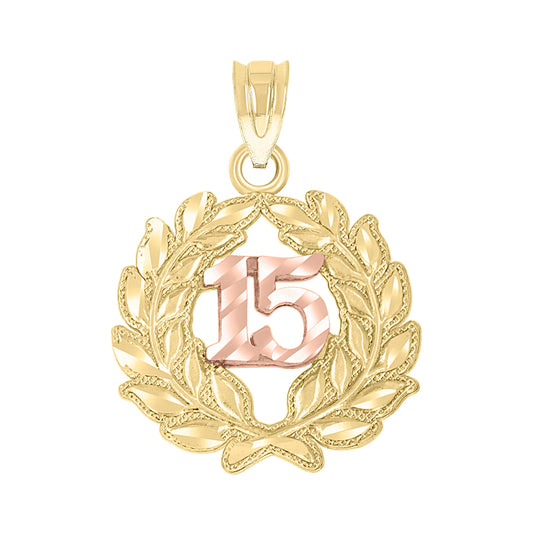 14K Gold Womens Two-Tone 15 Anos Quinceanera Pendant Charm