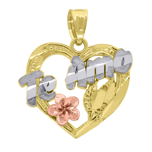 14K Gold Womens Tri-Color Te Amo Flower Heart Pendant Charm