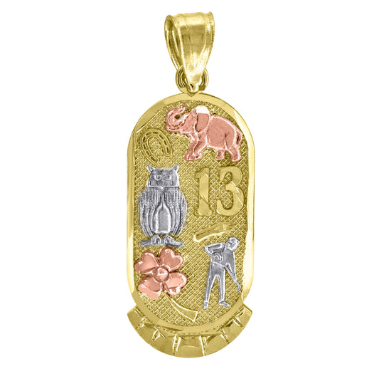 14K Gold Unisex Tri-Color No.13 Elephant Owl Horse Shoe Clover Lucky Oval Amulet Good Luck Pendant Charm