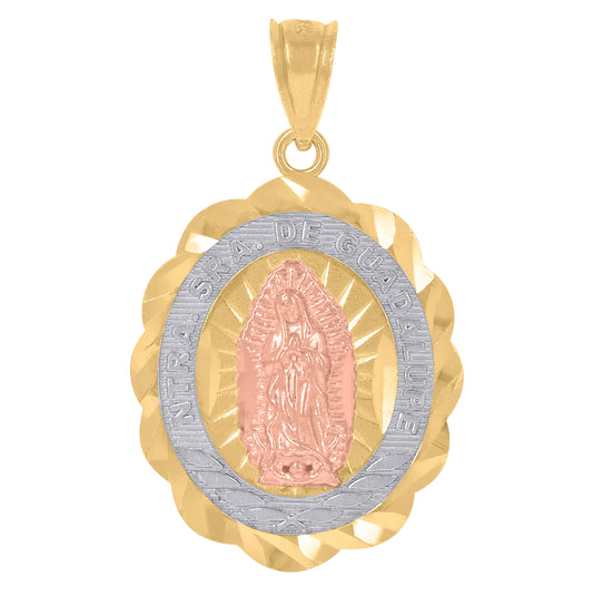 14K Gold Unisex Tri-Color Diamond-Cut Ntra Sra De Guadalupe Oval Pendant Charm