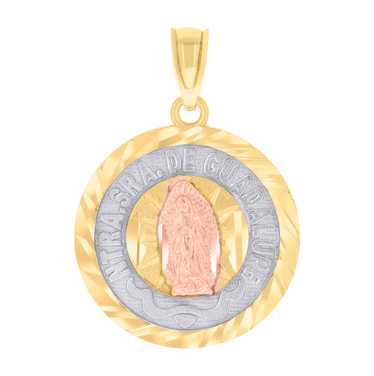 14K Gold Unisex Tri-Color Diamond-Cut Ntra Sra De Guadalupe Medallion Religious Pendant Charm