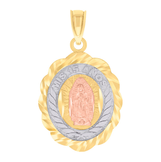 14K Gold Womens Tri-Color Diamond-Cut Mis 15 Anos Quinceanera Ht:25.3Mm Pendant Charm