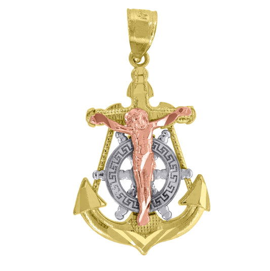 14K Gold Womens Tri-Color Anchor Cross Crucifix Religious Ht:31.6Mm Pendant Charm