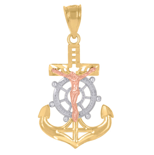 14K Gold Womens Tri-Color Diamond-Cut Anchor Cross Crucifix Religious Ht:30.2Mm Pendant Charm