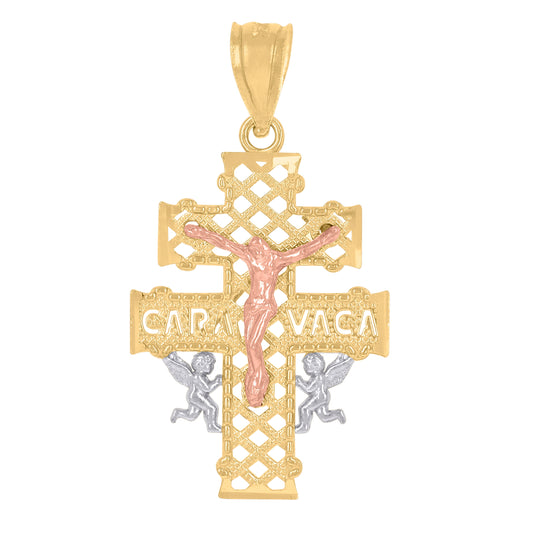 14K Gold Womens Tri-Color Caravaca Cross Crucifix Angels Religiousht:29.3Mm Pendant Charm