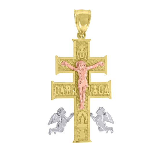 14K Gold Unisex Tri-Color Diamond-Cut Cross Caravaca Crucifix Angels Religious Pendant Charm