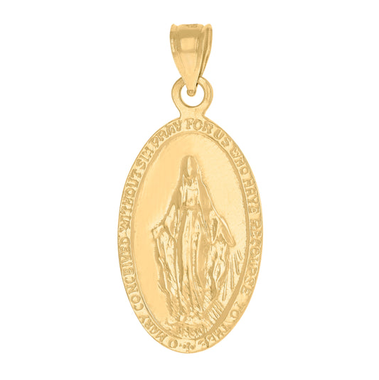 14K Yellow Gold Unisex Mary Pray For Us Oval Religious Ht:31.5Mm Pendant Charm