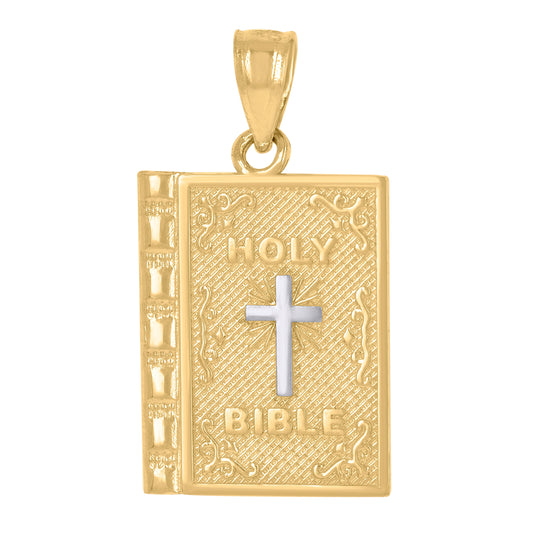 14K Gold Womens Two-Tone Holy Bible Cross Religious Pendant Charm