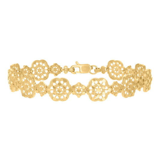 10K Yellow Gold Womens Flower Link 8" Bracelet