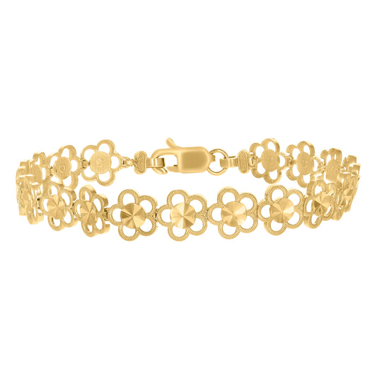 10K Yellow Gold Womens Flower Link 7" Bracelet