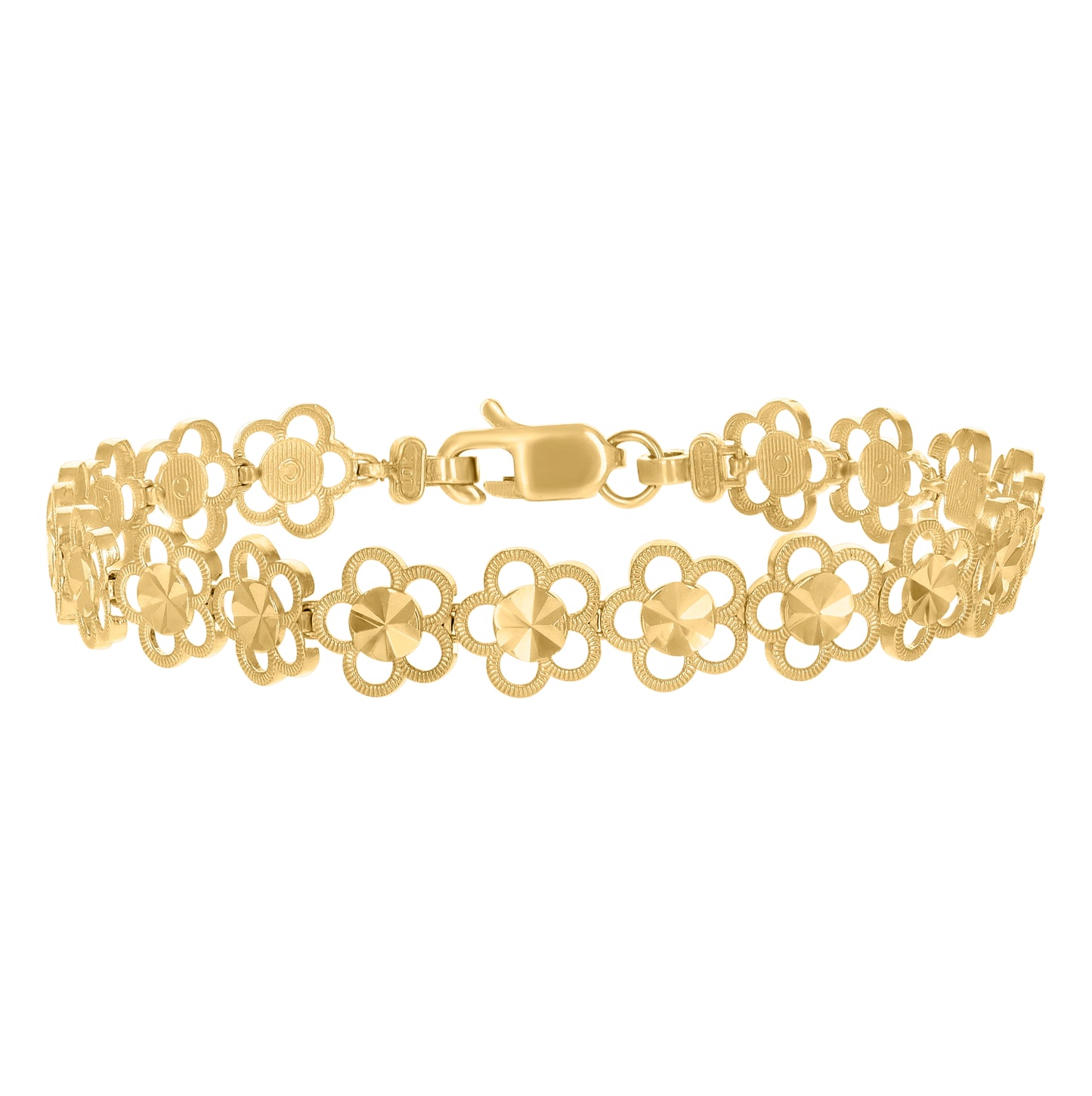 10K Yellow Gold Womens Flower Link 8" Bracelet