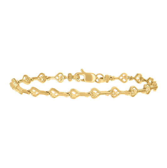 10K Yellow Gold Womens Heart Key Lock & Key Link 7" Bracelet