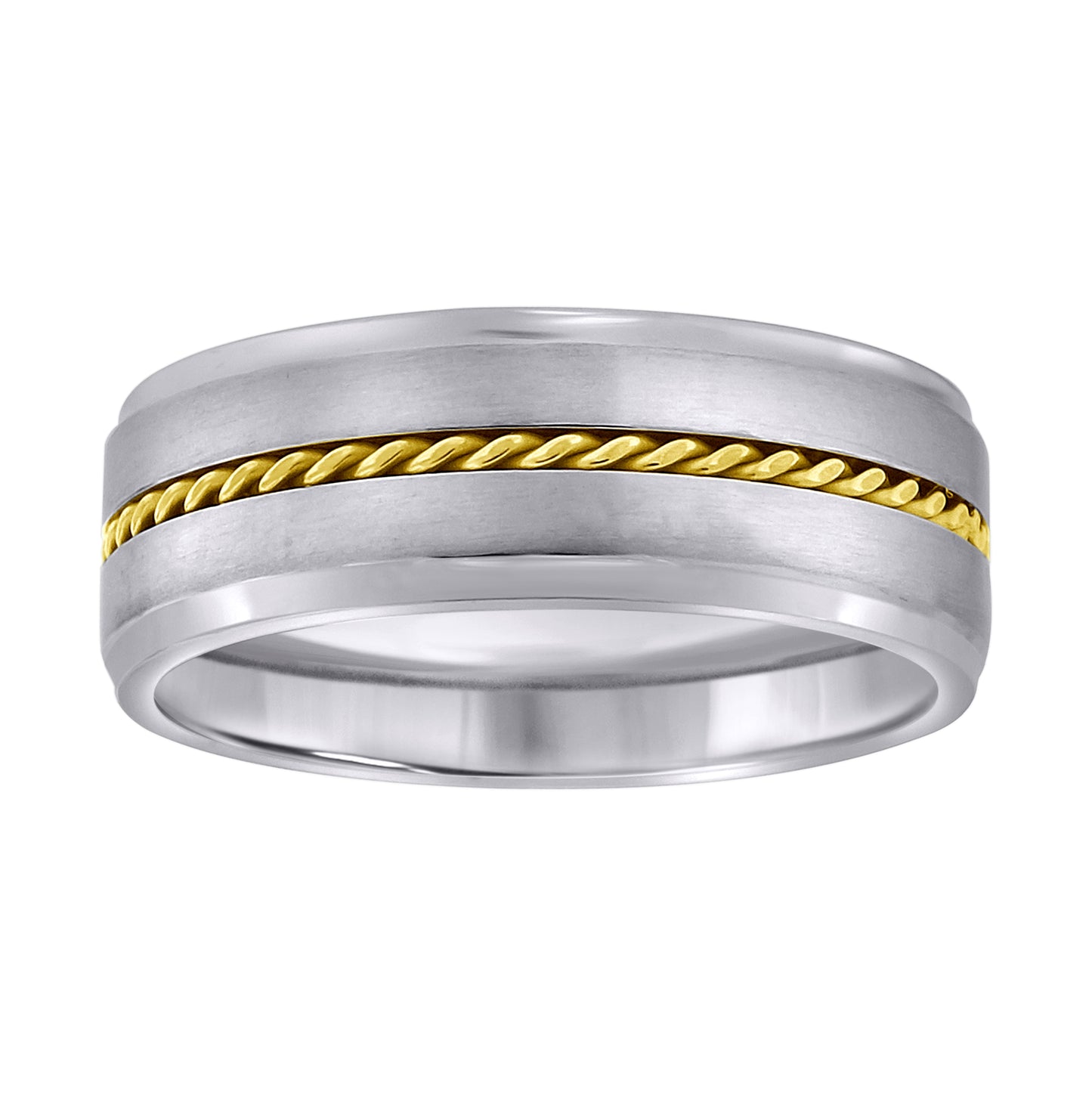 Stainless Steel Mens Two-Tone Rope Lined Center Brushed Sides Step Edges Comfort-Fit Band