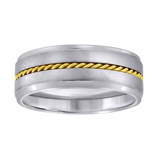 Stainless Steel Mens Two-Tone Rope Lined Center Brushed Sides Step Edges Comfort-Fit Band