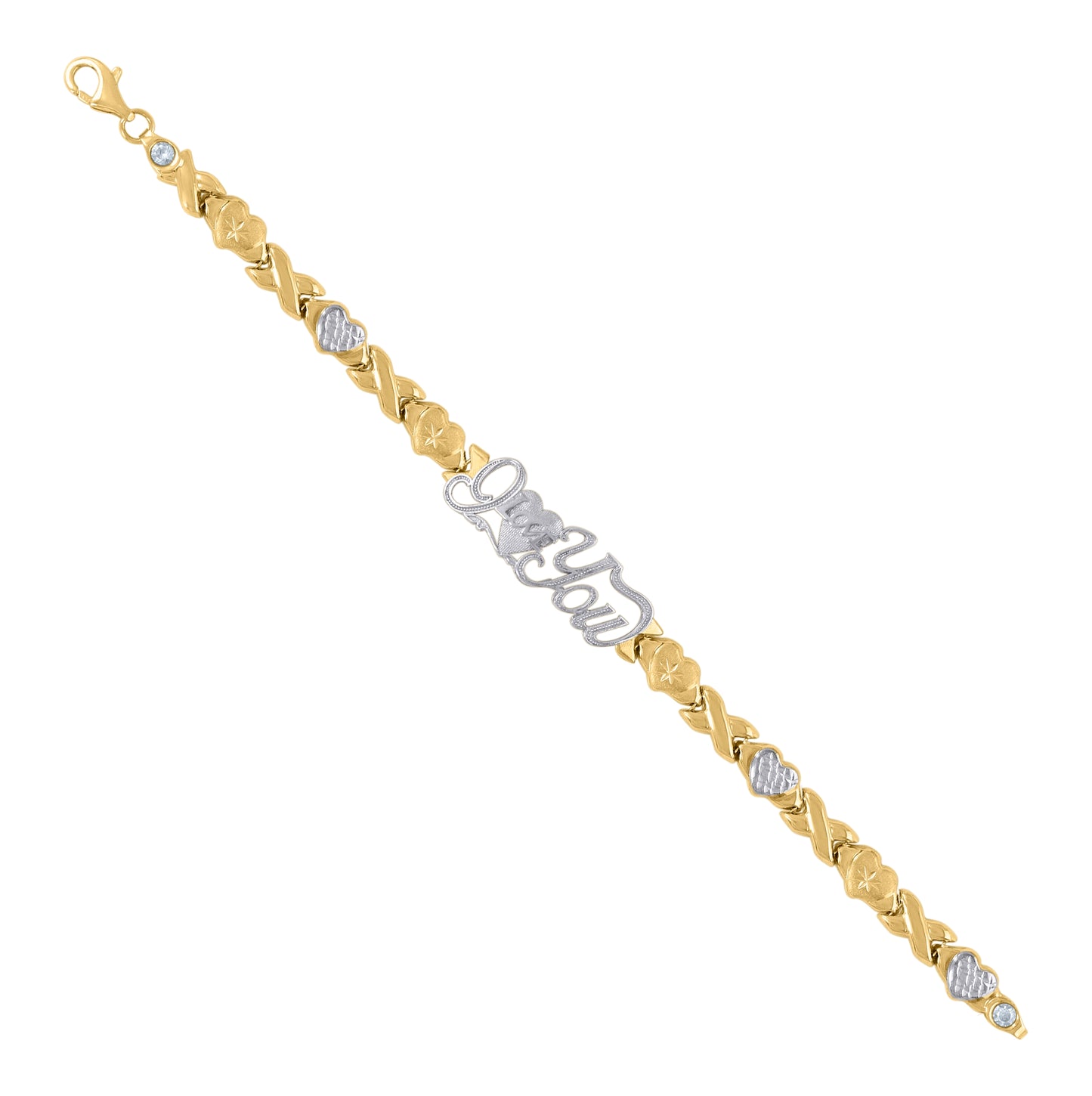 10K Two-tone Gold Womens I LOVE YOU Heart Link 7" Bracelet