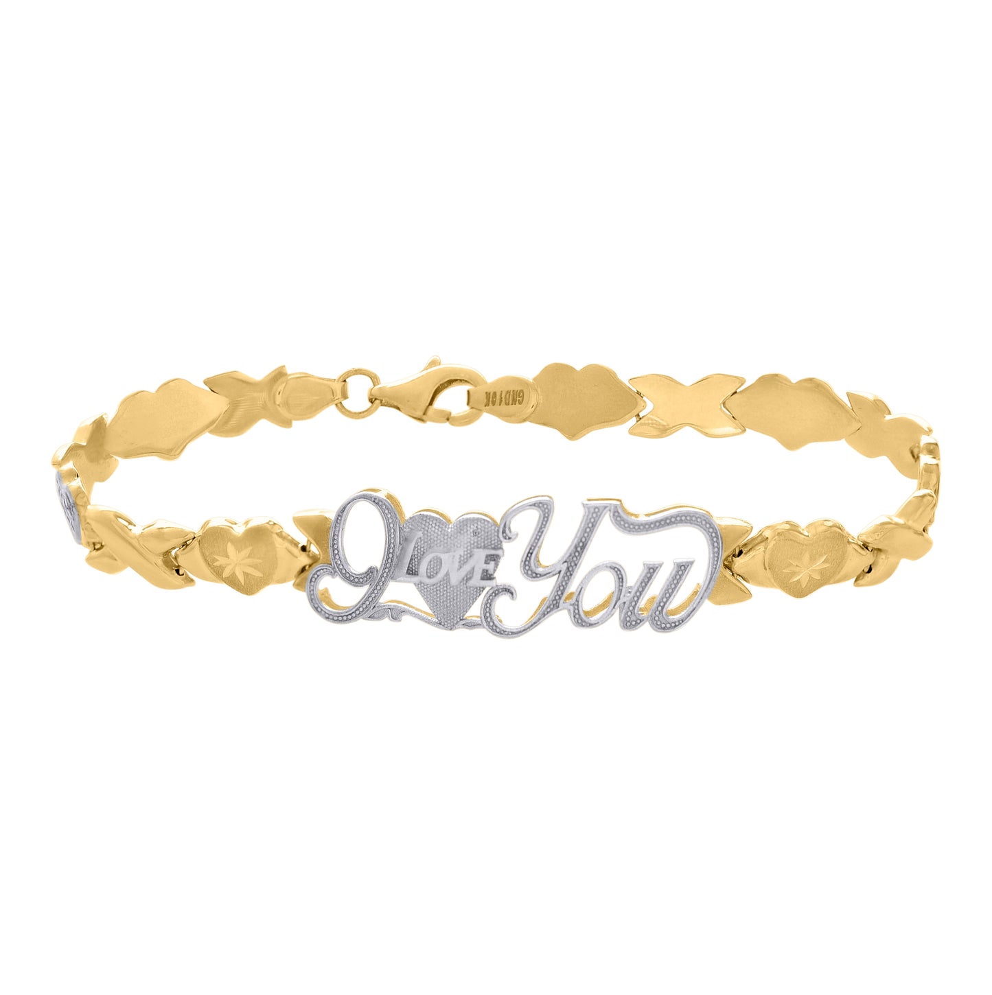 10K Two-tone Gold Womens I LOVE YOU Heart Link 7" Bracelet