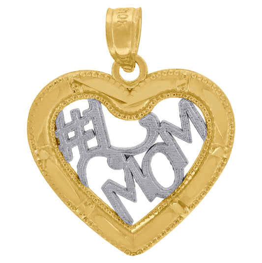 10K Gold Two-Tone Diamond-Cut Womens Heart No.1 Mom Charm Pendant